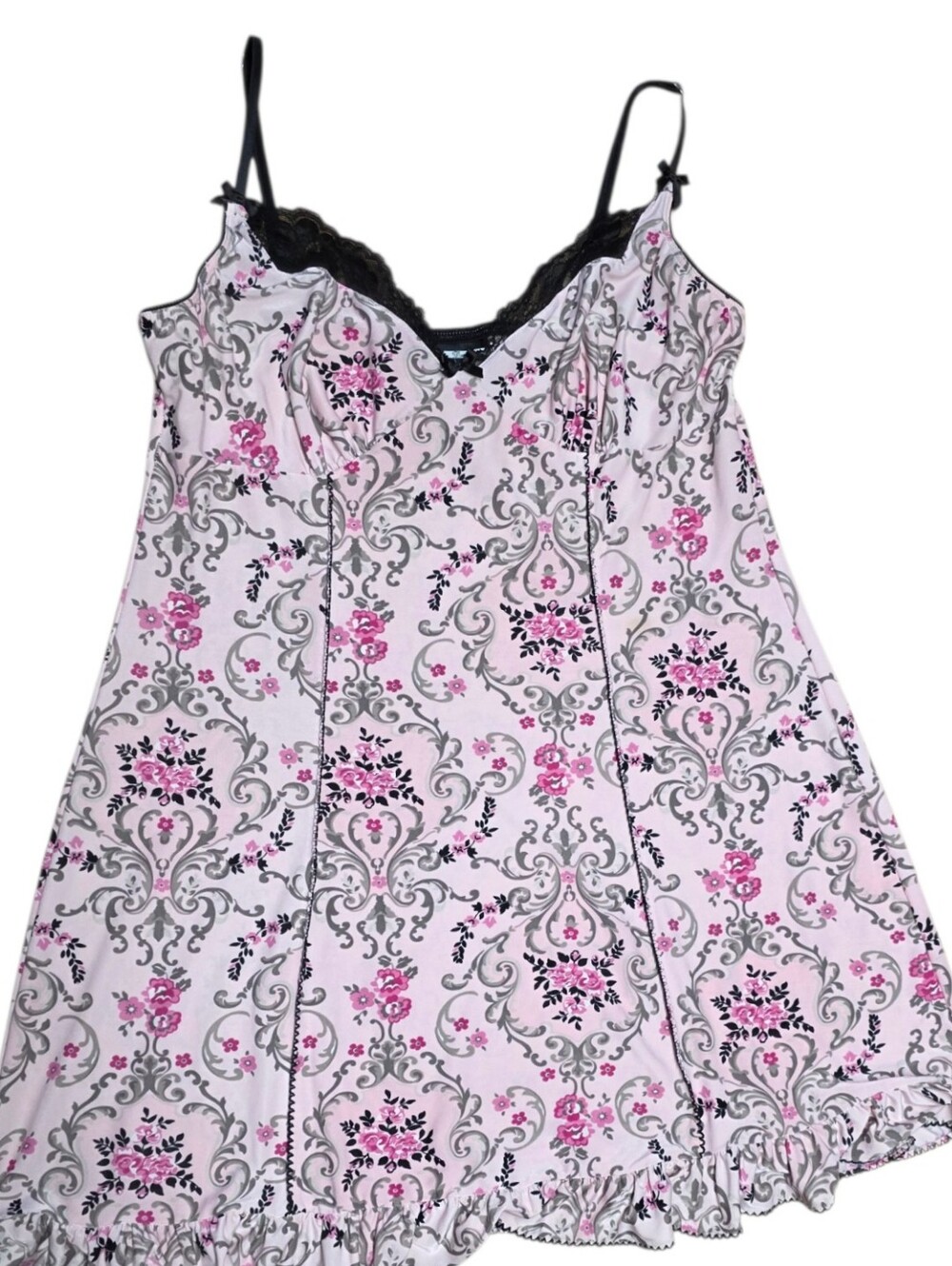 Nightie Black Lace Trim Ruffles At Hem Adjustable Straps